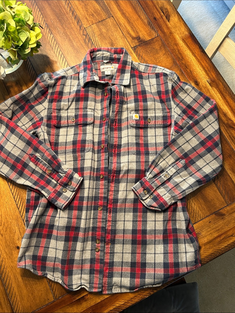 Carhartt Men's Red and Gray Thick Plaid Button-Down Shirt M